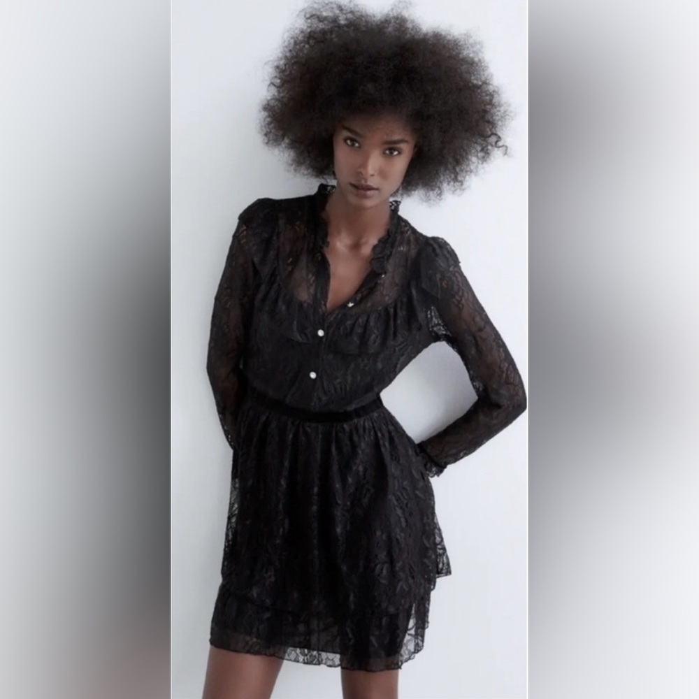 EUC Zara Lace Tier Dress with Jewel Buttons size S Black